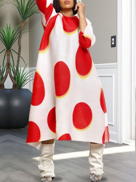Casual Polka Dots Loose Crew Neck Midi Dress, As picture, Midi Dresses