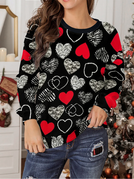 

Heart Print Long Sleeve Crew Neck Sweatshirt, Red, Hoodies&Sweatshirts