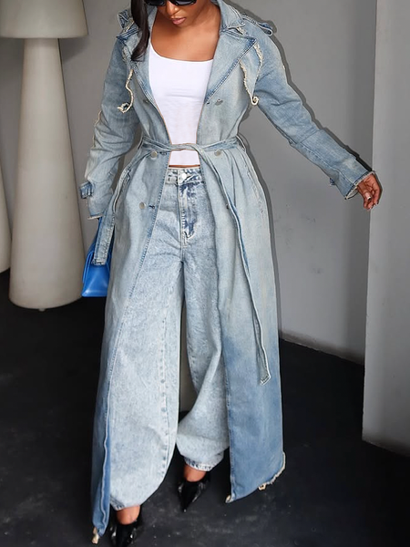 Urban Loosen Plain Mid-long Denim Coat With Belt, Denim blue, Jackets