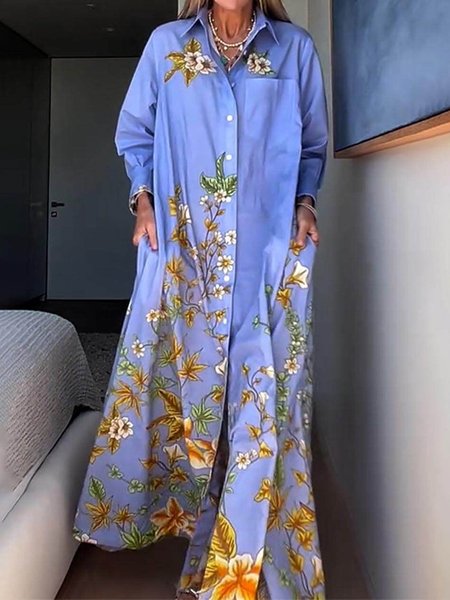 

Casual Floral Shirt Collar Loosen Maxi Dress, As picture, Maxi Dresses