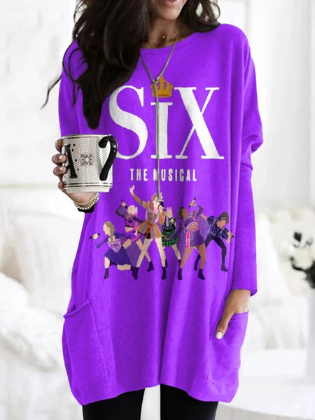 

Vintage Geometric Crew Neck Long Sleeve T-shirt, Purple, T-shirts