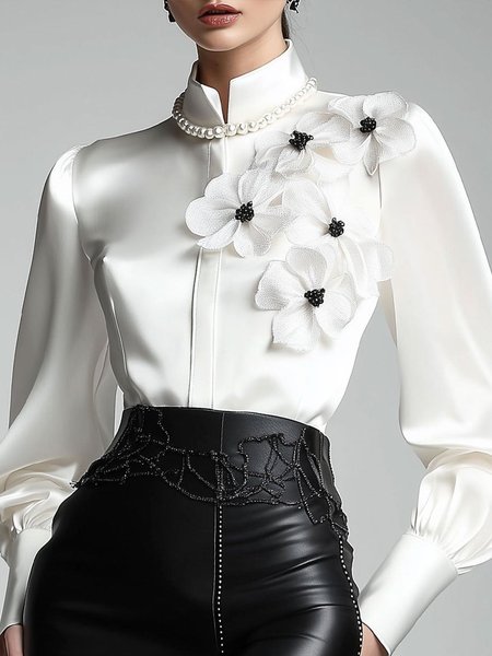 

Elegant Plain 3D Floral Stand Collar Shirt, White, Blouses and Shirts