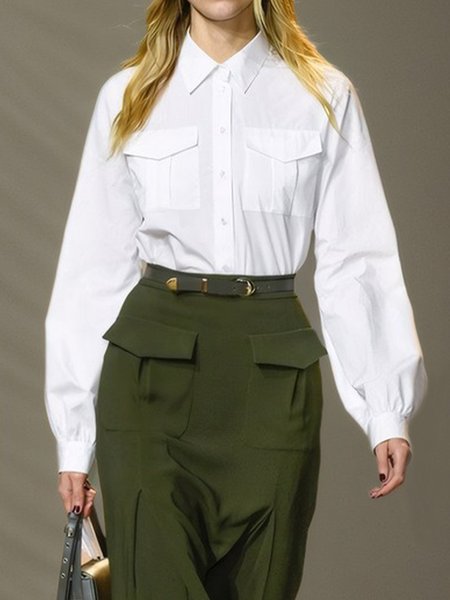

Urban Plain Pockets Shirt Collar Shirt, White, Blouses and Shirts