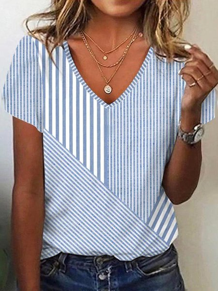

Casual striped patchwork printed V-neck T-shirt, Blue, T-shirts
