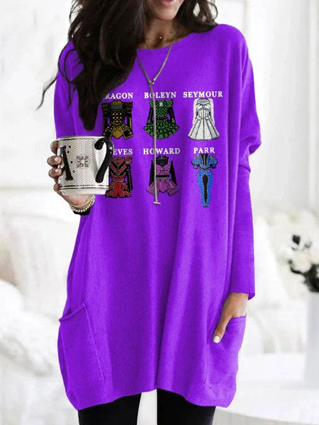 

Vintage Geometric Crew Neck Long Sleeve T-shirt, Purple, T-shirts