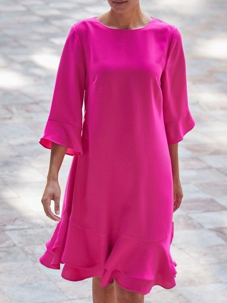 

Urban Plain Ruffle Sleeve Crew Neck Knee Length Dress, Rose red, Mini Dresses