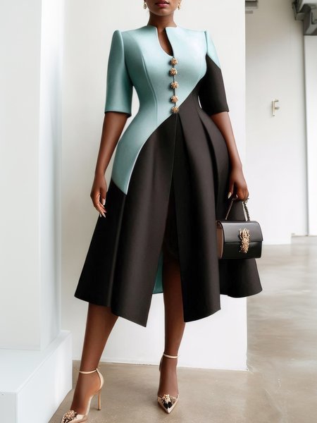 

Elegant Color Block Buttoned V Neck Midi Dress, Green, Midi Dresses