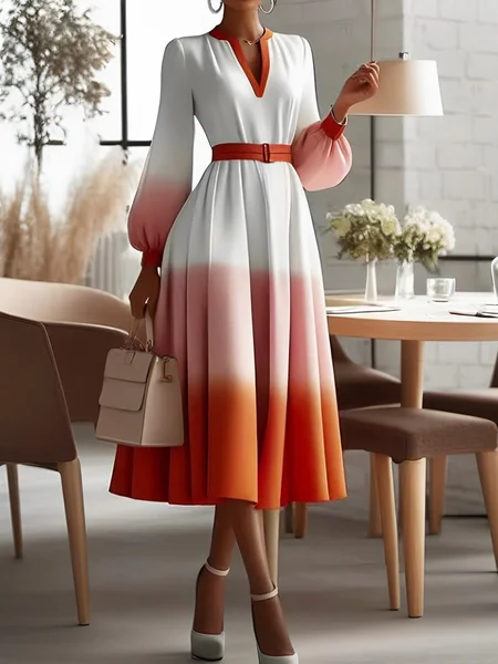 

Elegant Ombre Notched Midi Dress With Belt, As picture, Midi Dresses