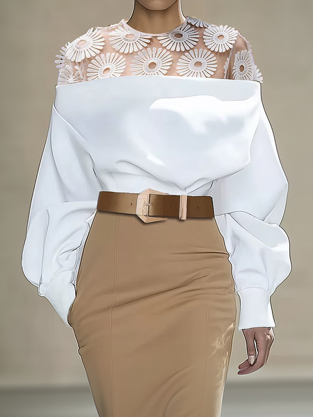 Elegant Plain Split Joint Crew Neck Blouse, White, Blouses and Shirts