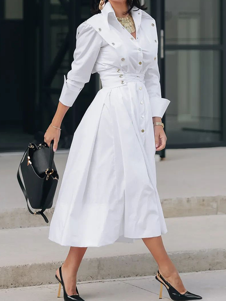 

Elegant Plain Maxi Shirt Dress With Belt, White, Midi Dresses