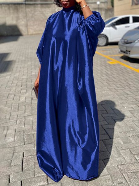 Casual Plain Raglan Sleeve Stand Collar Maxi Dress, Blue, Maxi Dresses