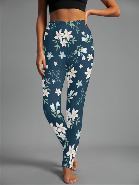 

Women's Casual Floral Jersey All Season Long Leggings, Blue, Leggings