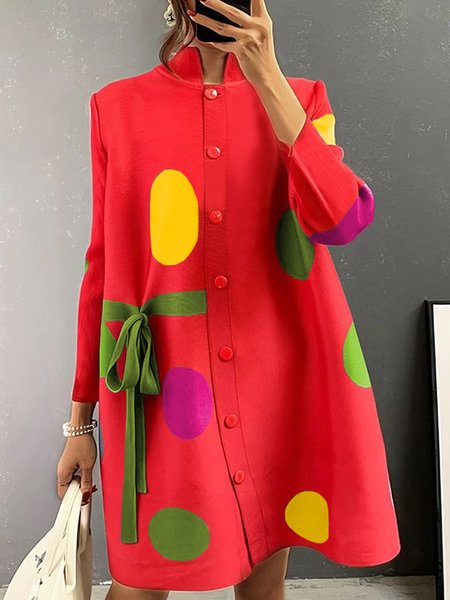 Casual Polka Dots Stand Collar Mini Dress, Red, Mini Dresses
