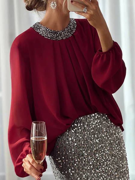 

Elegant Glitter Balloon Sleeve Blouse, Red, Blouses and Shirts