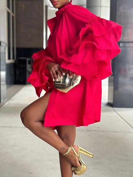

Urban Plain Ruffle Sleeve Stand Collar Shirt Dress, Red, Mini Dresses