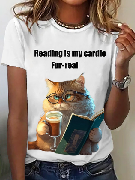 

Women's Short Sleeve Tee T-shirt Summer Cat Jersey Crew Neck Daily Going Out Casual Top, White, T-Shirts
