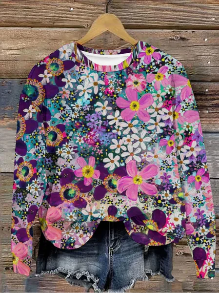 

Floral Print Long Sleeve Crew Neck Sweatshirt, Multicolor, Hoodies&Sweatshirts