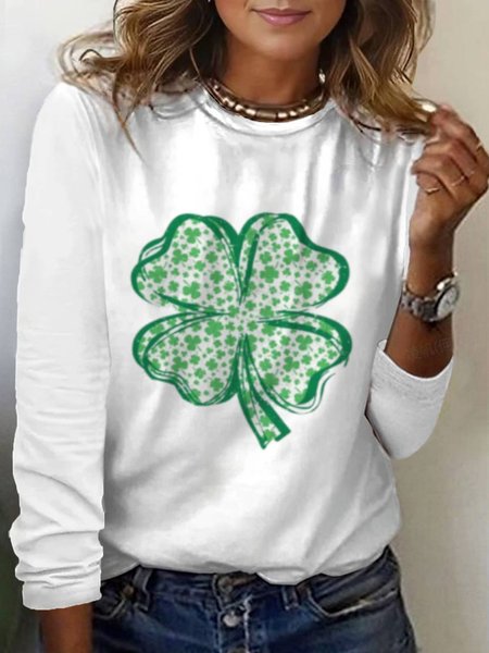 

Women's St Patricks Day Four-leaf Clover Print Long Sleeve Crew Neck Floral T-shirt, White, T-Shirts