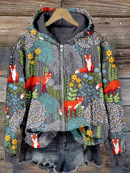 

Fox in the Forest Graphic Zip Up Comf Loose Hoodie Simple Hoodie, Gray, Hoodies&Sweatshirts