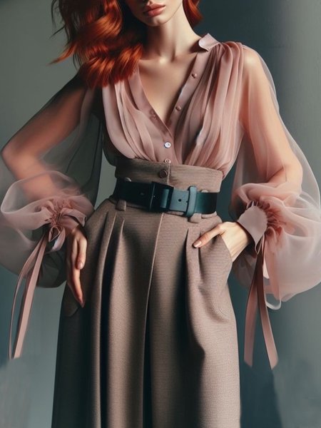 

Urban Plain Ruched Shirt Collar Balloon Sleeve Shirt, Pink, Blouses and Shirts