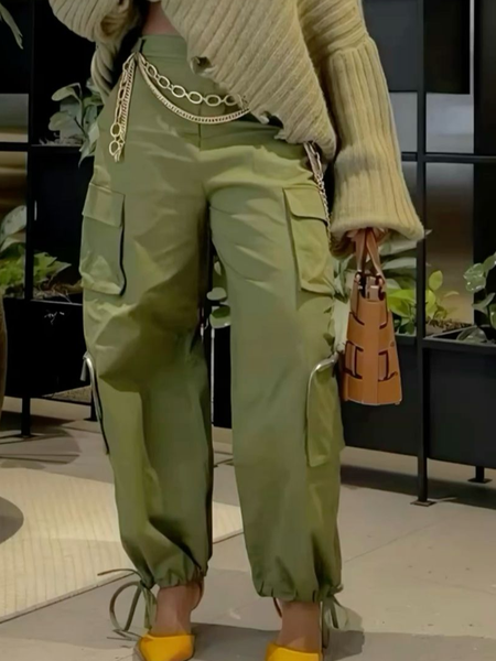 

Casual Plain Pockets Cargo Pants With No Belt, Green, Pants