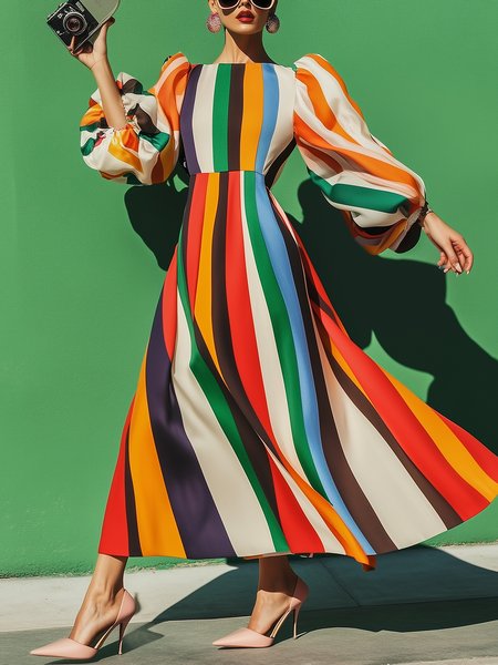 

Vacation Striped Balloon Sleeve Off The Shoulder Maxi Dress, As picture, Maxi Dresses