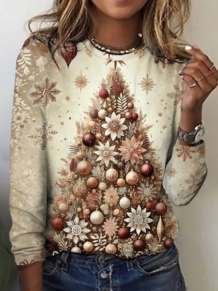 

Vintage Christmas Tree Pattern Crew Neck Long Sleeve T-shirt, Champagne, T-shirts