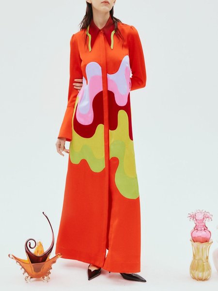 Urban Abstract Graphic Shirt Collar Maxi Dress, As picture, Maxi Dresses