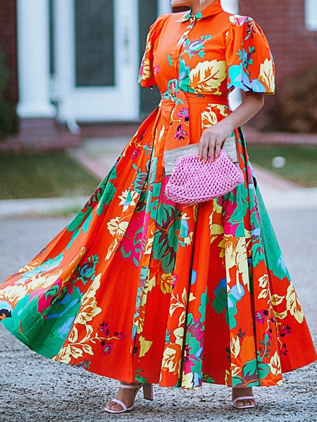 Urban Floral Puff Sleeve Maxi Shirt Dress Belt, As picture, Maxi Dresses