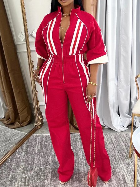 

Casual Color Block Stand Collar Jumpsuit, Red, Jumpsuits