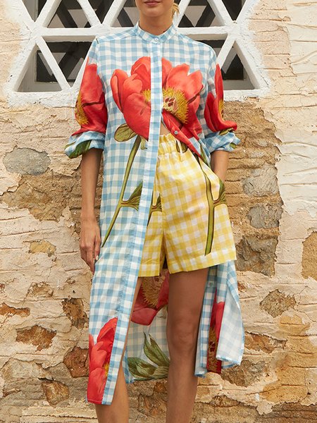 

Vacation Floral Printing Stand Collar Shirt, As picture, Blouses and Shirts