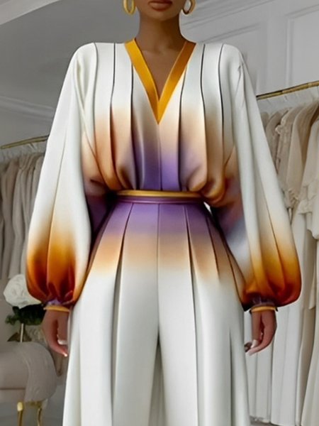 

Urban Gradient Pattern V Neck Balloon Sleeve Blouse, As picture, Blouses and Shirts