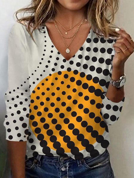 

Women's Long Sleeve Tee T-shirt Spring/Fall Polka Dots Jersey V Neck Daily Going Out Casual Top, Orange, T-Shirts