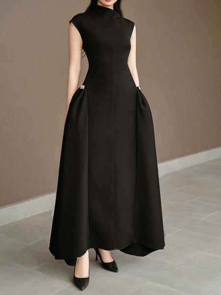 

Elegant Plain Asymmetrical Maxi Party Dress, Black, Maxi Dresses