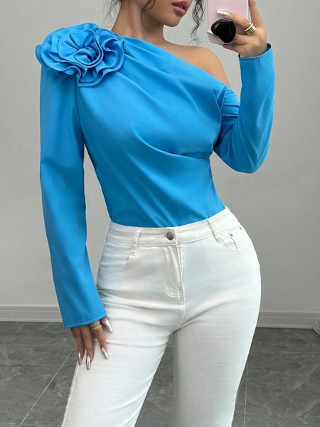 Urban Plain 3D Floral Cold Shoulder Blouse, Blue, Blouses and Shirts