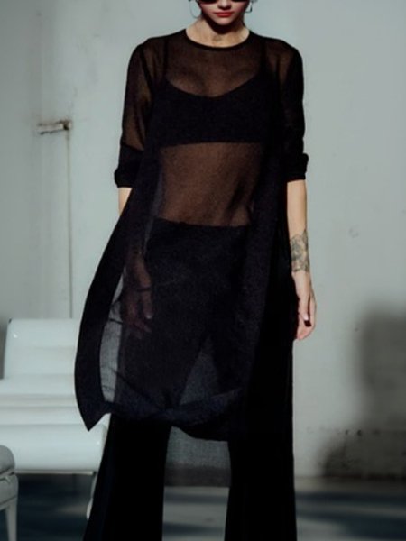 

Casual Plain Side-Slit Crew Neck Blouse, Black, Blouses and Shirts