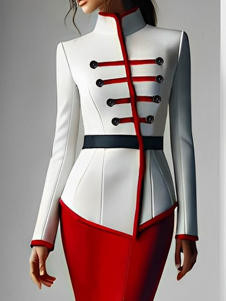 Elegant Buttoned Color Block Stand Collar Jacket, As picture, Jackets
