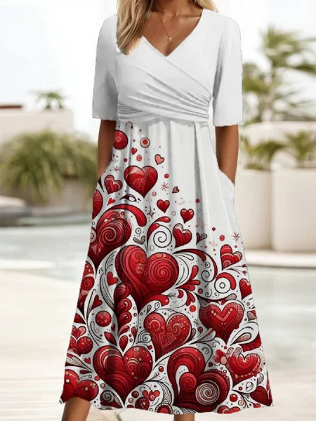 

Women's Valentine's Day Love Heart Print Short Sleeve Midi Dress, Red, Dresses