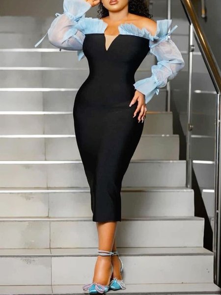 

Elegant Plain Ruffed Off Shoulder Sleeve Split Joint Midi Dress, Black, Midi Dresses