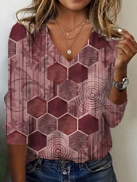 

Women's Long Sleeve Tee T-shirt Spring/Fall Geometric Jersey V Neck Daily Going Out Casual Top, Brick red, T-Shirts