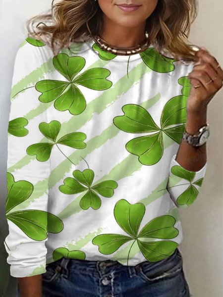 

Women's St Patricks Day Four-leaf Clover Print Long Sleeve Floral T-shirt, Green, T-Shirts