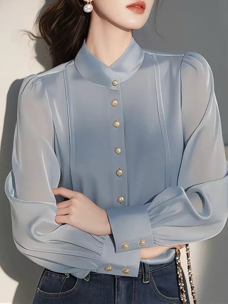 

Urban Plain Buttoned Stand Collar Shirt, Blue, Blouses and Shirts