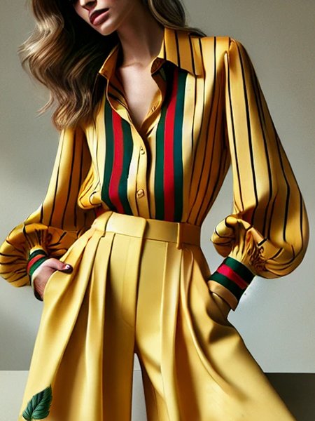 

Elegant Striped Printing Loosen Balloon Sleeve Shirt, Yellow, Blouses and Shirts