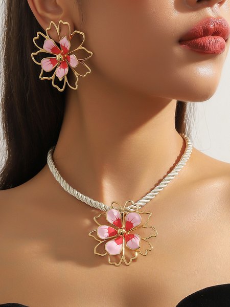 Elegant Floral Dangle Chain Necklaces Set, Pink, Other Accs