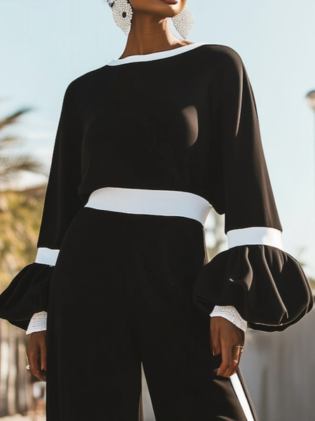

Casual Color Block Balloon Sleeve Blouse, Black-white, Blouses and Shirts