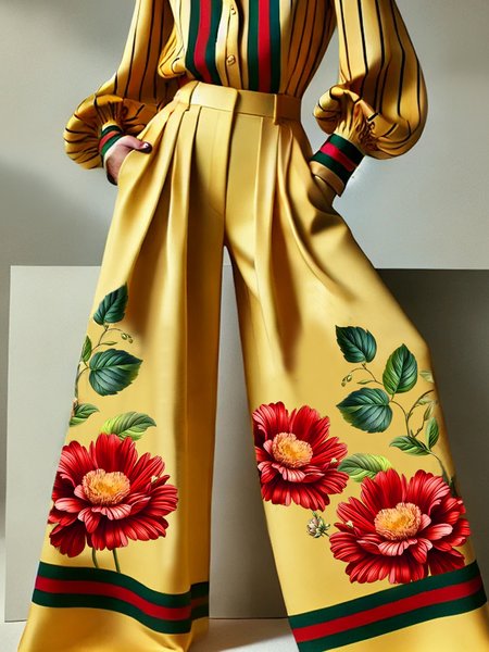 

Elegant Floral Loosen Fashion Pants, Yellow, Pants