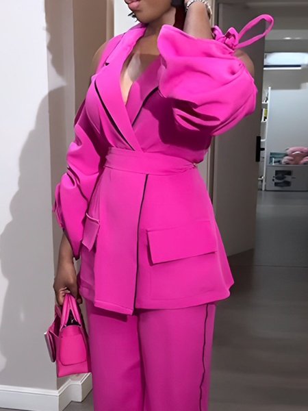 

Urban Off Shoulder Sleeve Plain Lapel Collar Blazer, Pink, Blazers