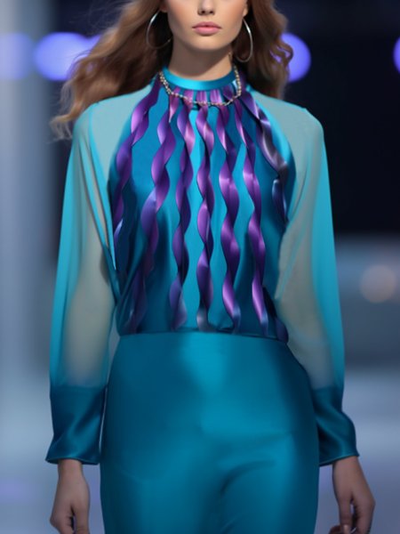 Elegant Random Print Printing Stand Collar Blouse, Blue, Blouses and Shirts