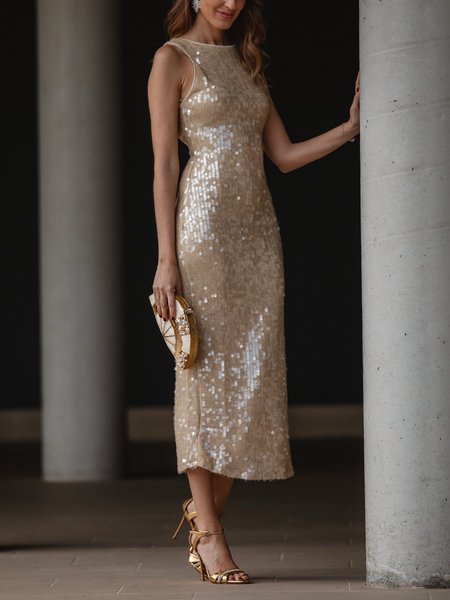 

Elegant Plain Glitter Crew Neck Sleeveless Midi Dress, Champagne, Midi Dresses