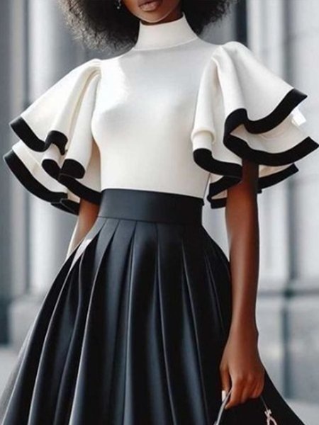 

Elegant Color Block Turtleneck Ruffle Sleeve Blouse, White, Blouses and Shirts